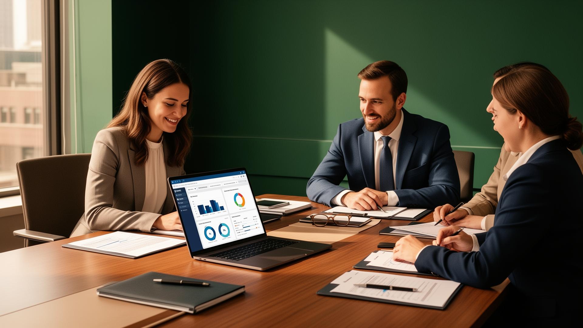 Modern leadership team reviewing financial dashboards in a New Hampshire office